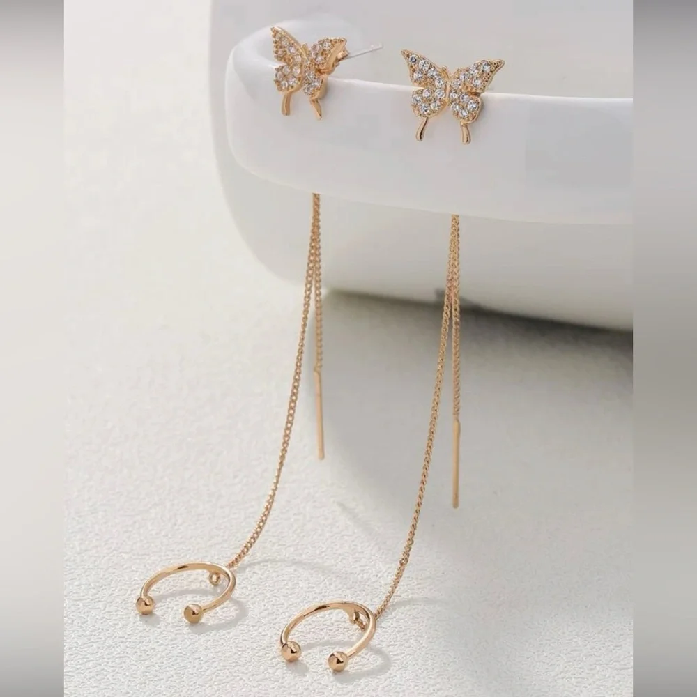 2pcs Cubic Zirconia Butterfly Decor Chain Linked Earring Yellow Gold Jewelry